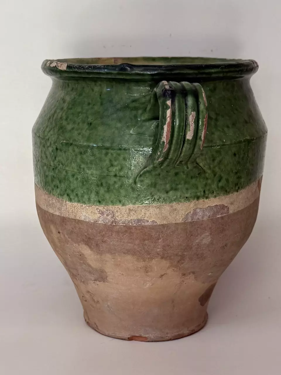plant/Antique French Confit Pot – Green Exterior & Yellow Interior – 9" H × 10 ½" W-1