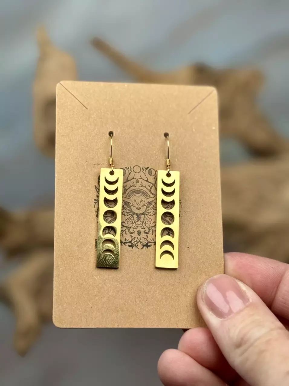plant/gold plated stainless steel moon phase earrings (handmade)-0