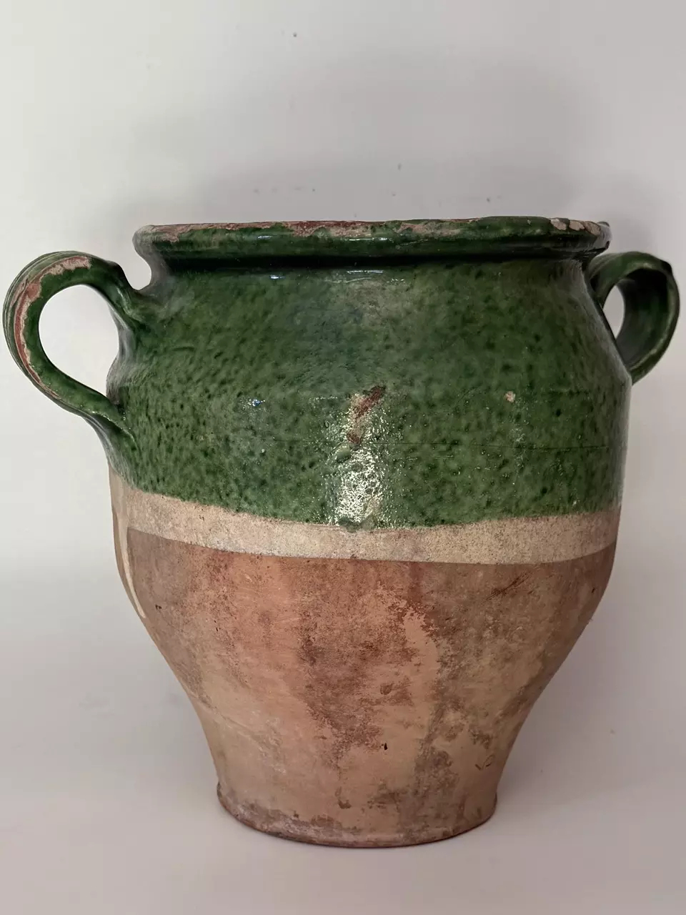 plant/Antique French Confit Pot – Green Exterior & Yellow Interior – 9" H × 10 ½" W-0