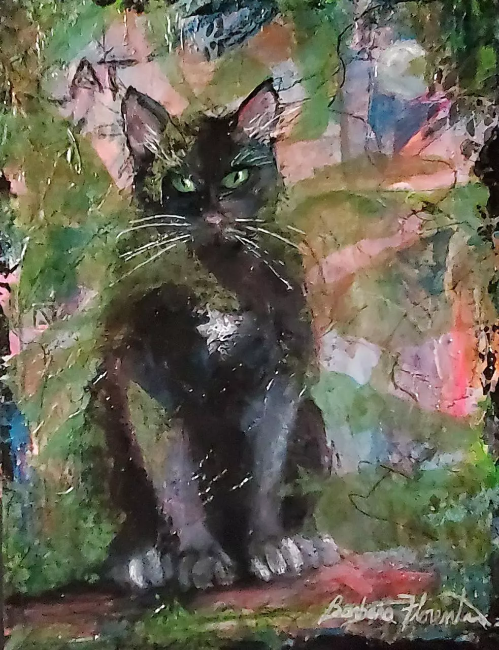 plant/Original Painting 8 x 10 Collage Ink Watercolour Acrylic Cat Halloween Whimsical-0