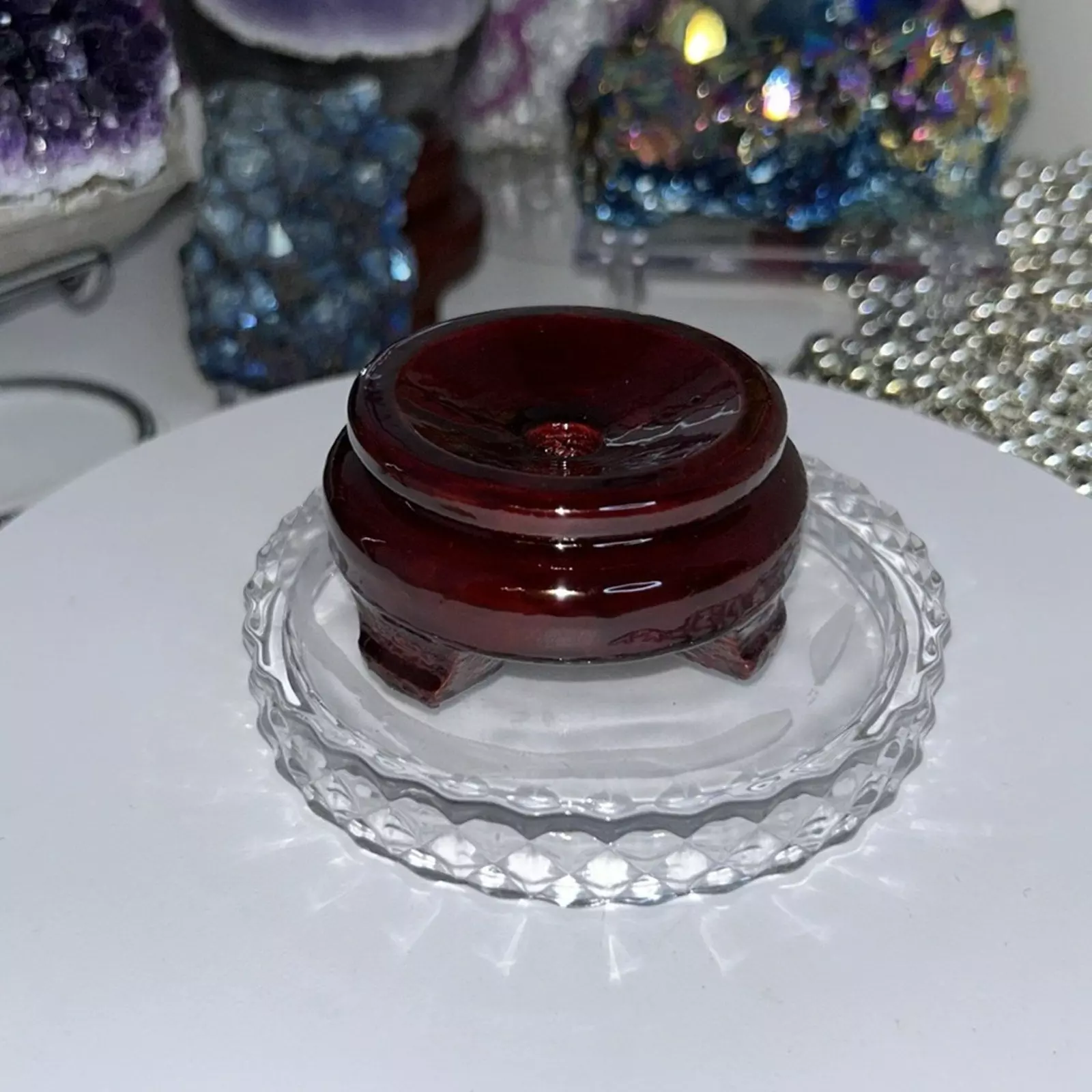 plant/Wood  Crystals Rocks Precious Gem Sphere Holder Stand - Mahogany Cherry color-0