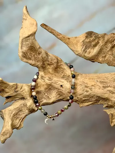 plant/rainbow tourmaline 4mm w/gold moon & star (handmade)-0-thumbnail