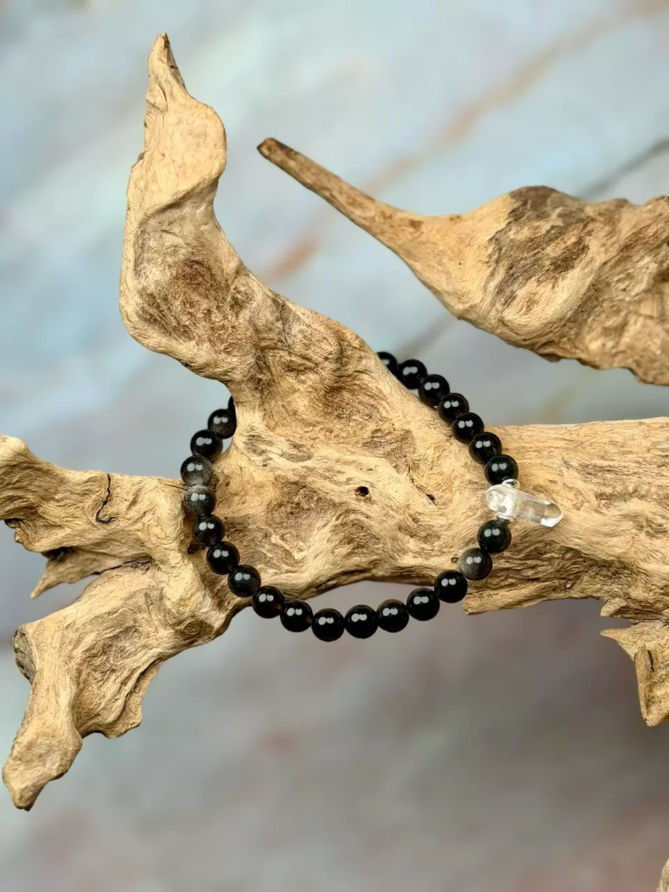 plant/silver sheen obsidian 6mm w/clear quartz amplifier-0