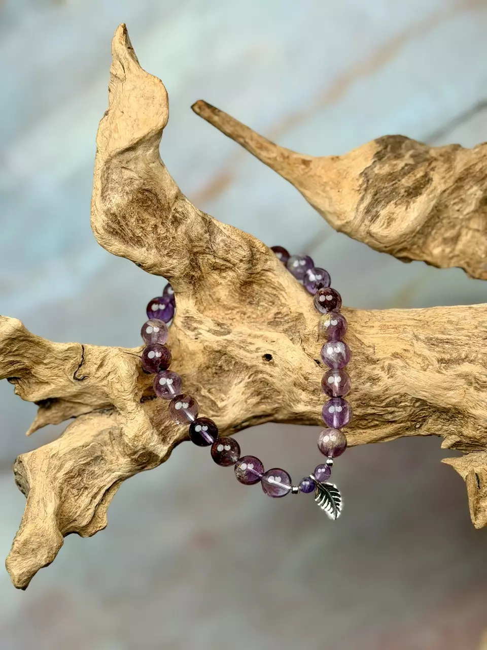 plant/garden amethyst 8mm with silver plated leaf charm (handmade)-0