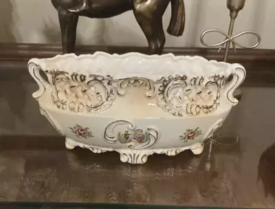 plant/Vintage Pierced Porcelain Cache Pot | 8.5” Ornate Bowl-0-thumbnail