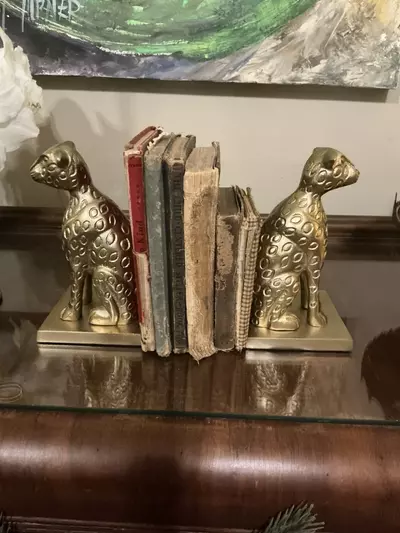 plant/Vintage Style Brass Cheetah Bookends | Pair | Classic Decor-1-thumbnail