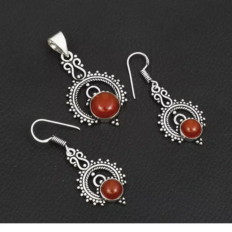 plant/Carnelian 925 Silver Earrings & Pendant Set-0