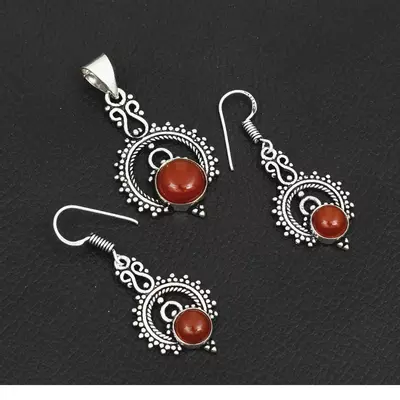 plant/Carnelian 925 Silver Earrings & Pendant Set-0-thumbnail