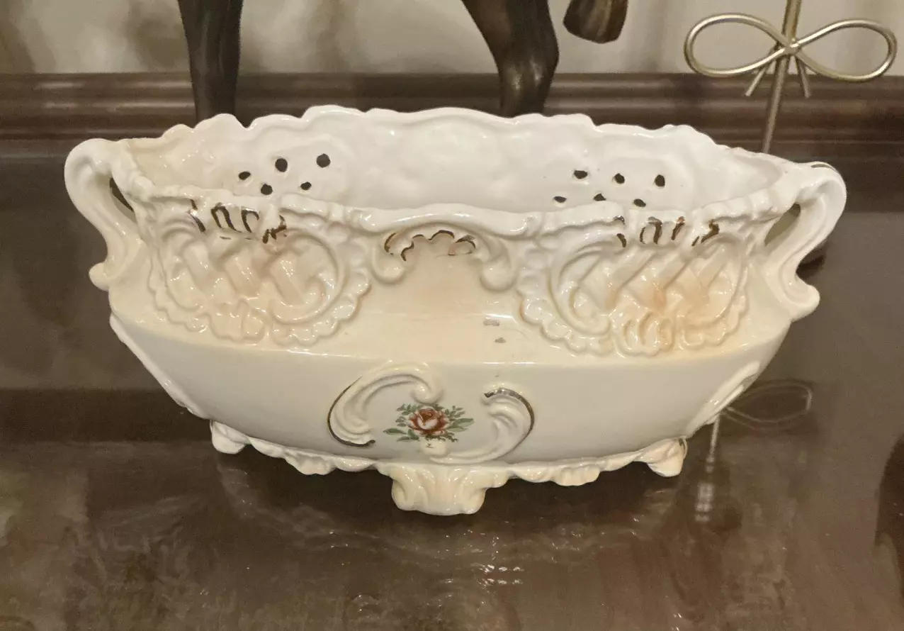 plant/Vintage Pierced Porcelain Cache Pot | 8.5” Ornate Bowl-1