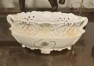 plant/Vintage Pierced Porcelain Cache Pot | 8.5” Ornate Bowl-1-thumbnail