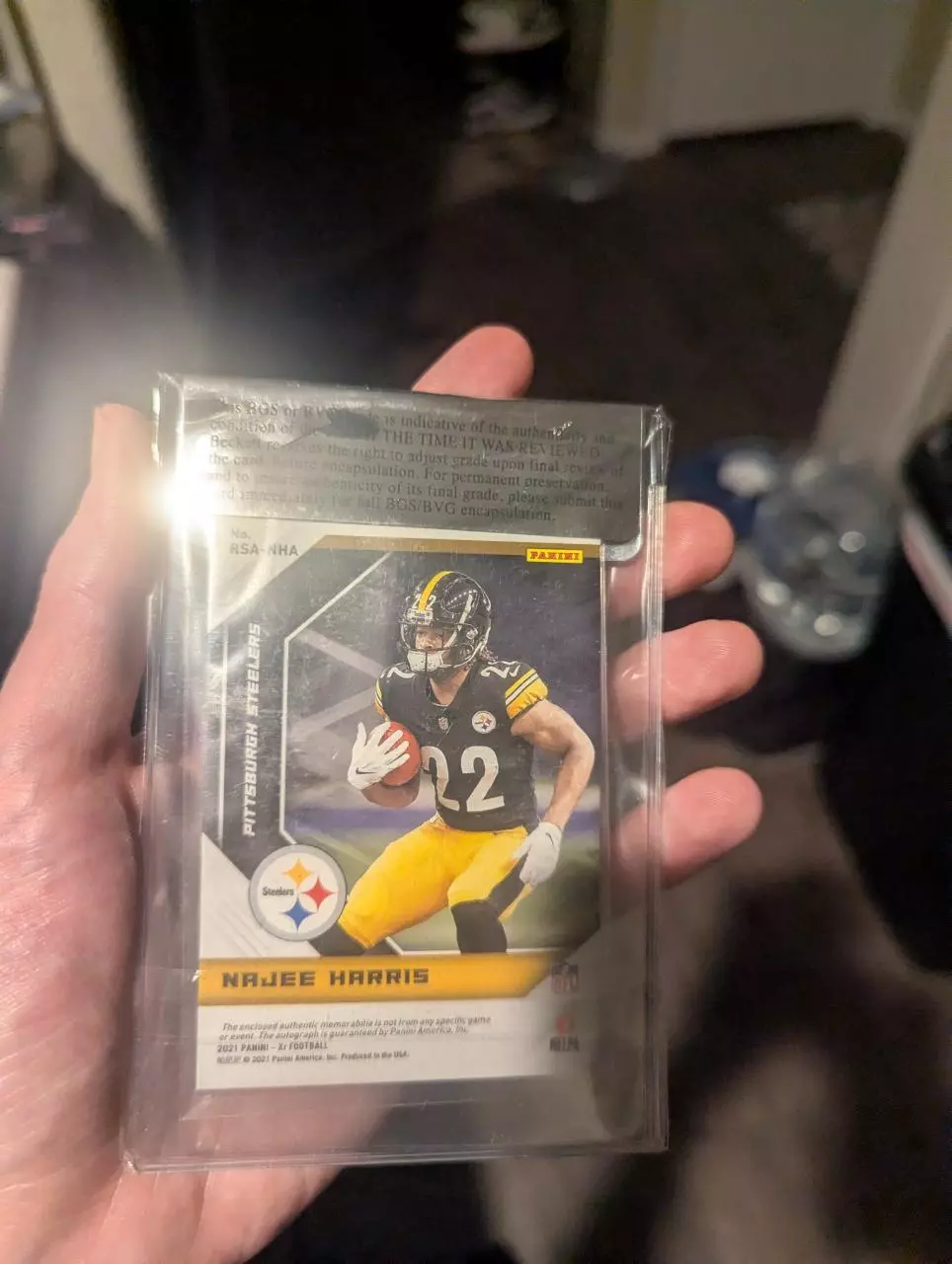 plant/ONE OF ONE Najee Harris team logo RPA - panini xr football 2021 Beckett reviewed-1