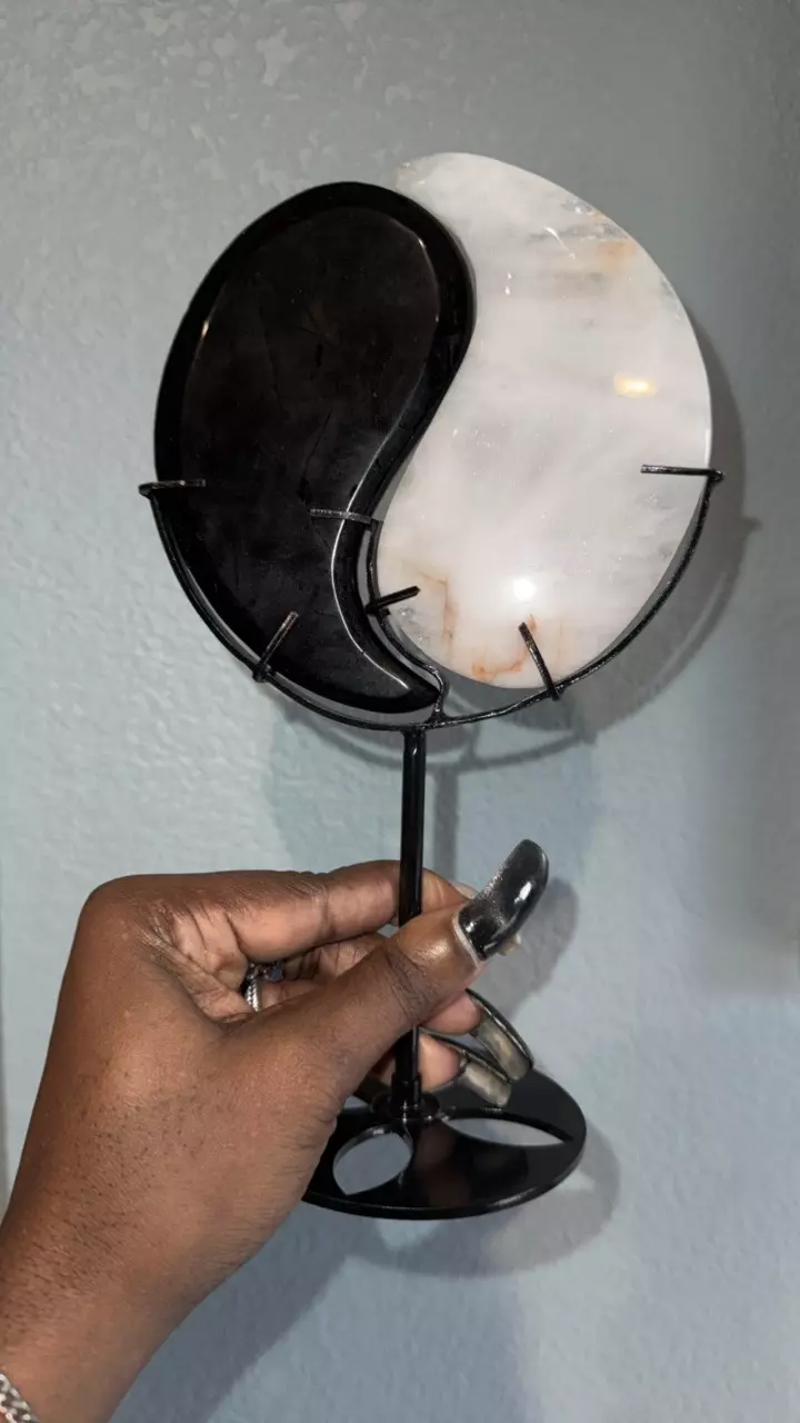 plant/Yin Yang Tai Chi Carving - Black Obsidian & Quartz-1