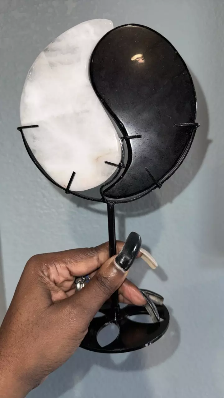 plant/Yin Yang Tai Chi Carving - Black Obsidian & Quartz-0