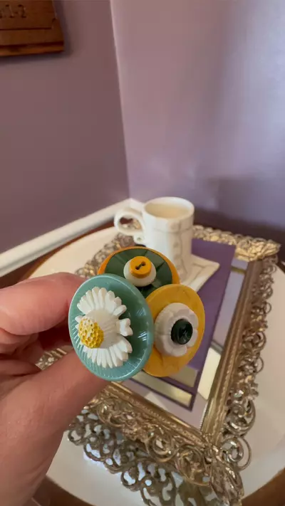 plant/Green, yellow & creamy white vintage button bouquets handmade by me-1-thumbnail