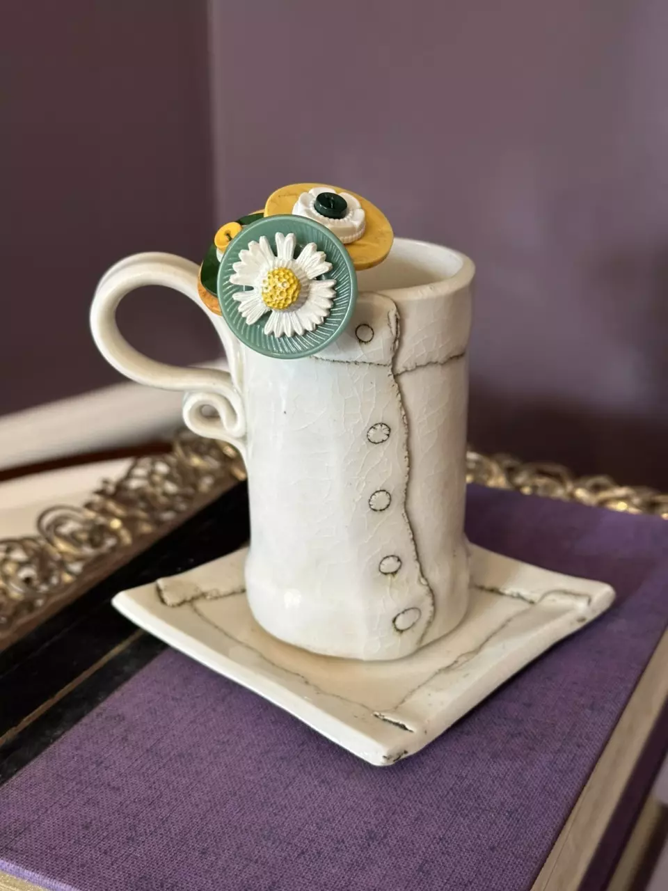 plant/Green, yellow & creamy white vintage button bouquets handmade by me-0