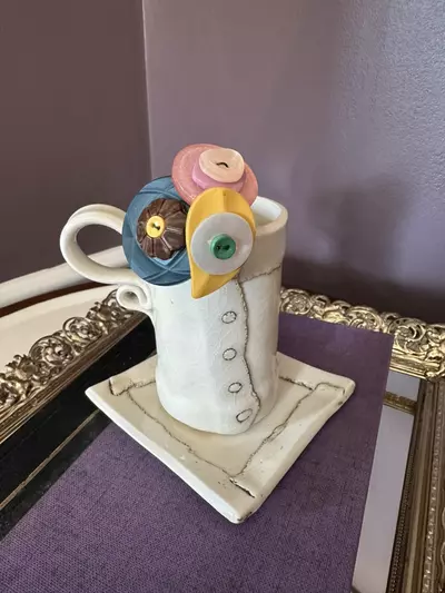 plant/Pink, green, brown & cream vintage button bouquets handmade by me-0-thumbnail