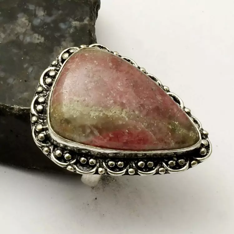 plant/Rhodonite Silver 925 Ring Size 7.25-0