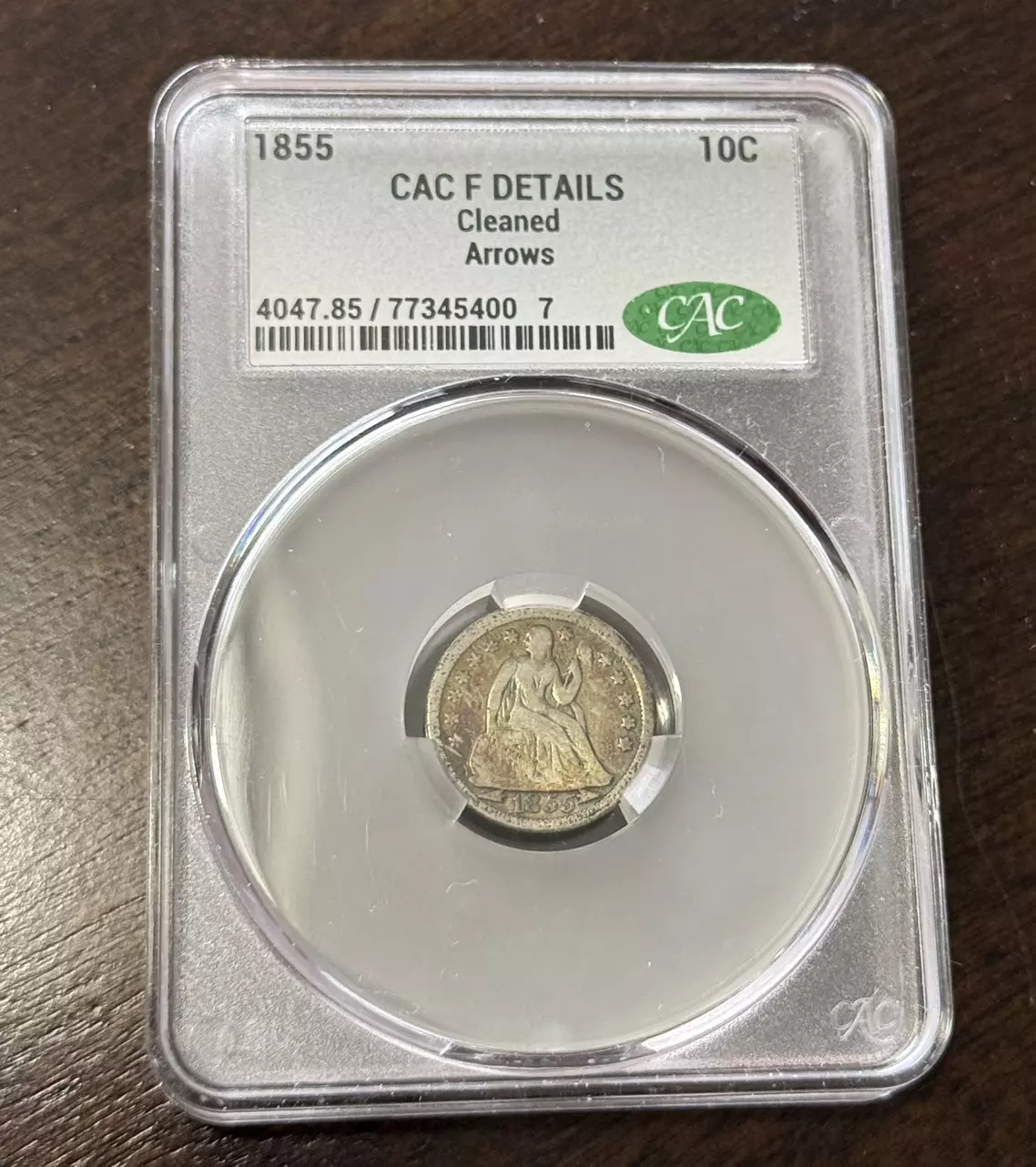 plant/1855 P Seated Liberty Silver Dime- with Arrows CAC F DETAILS-0