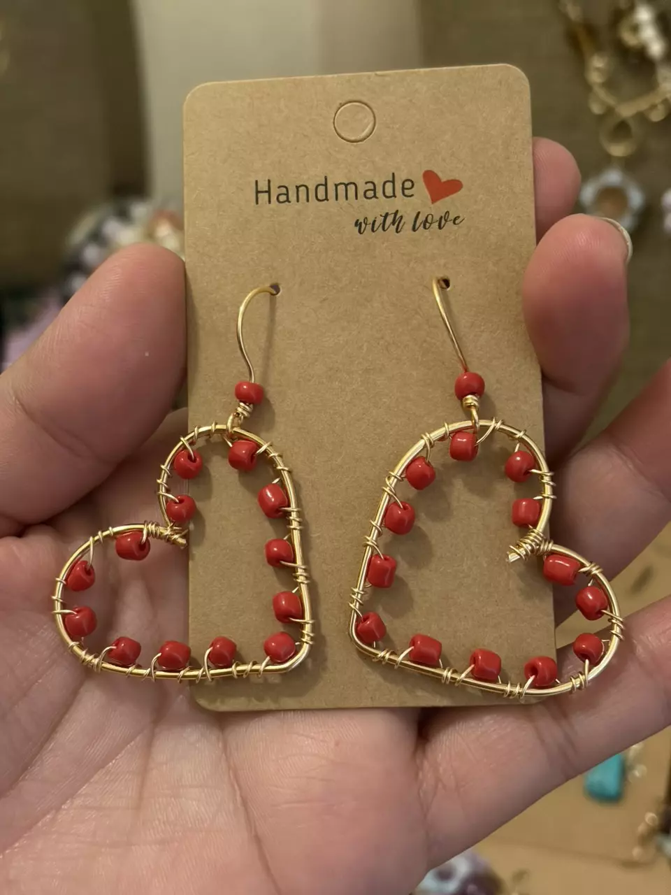 plant/Sweet heart earrings big wire wrapped red glass beaded heart earrings-0