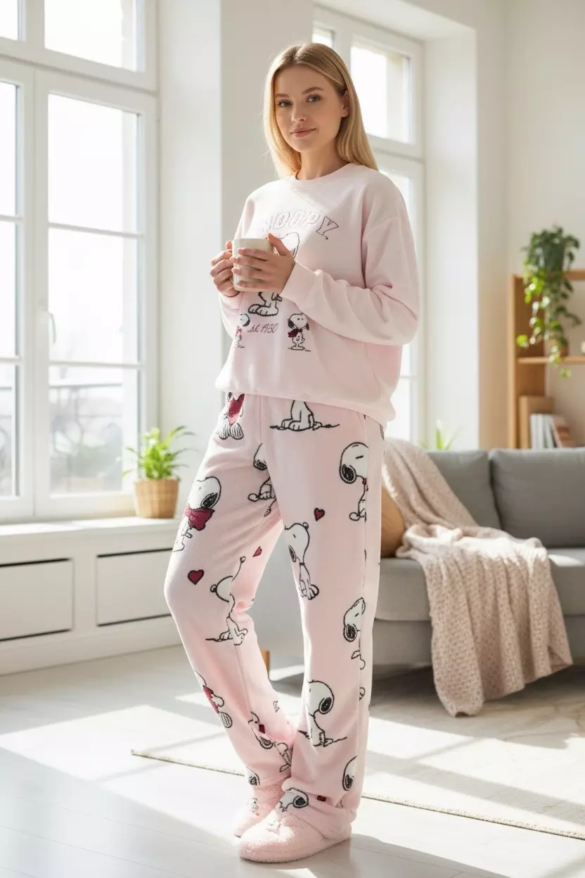 plant/Sz M Snoopy Plush Crew Neck Pajama Top and Bottom Set | Primark-0