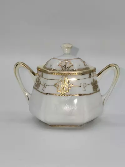 plant/Antique Nippon Porcelain Covered Salt Cellar Gold Gilt Floral 2.5”-1-thumbnail