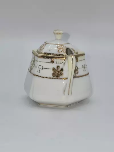 plant/Antique Nippon Porcelain Covered Salt Cellar Gold Gilt Floral 2.5”-3-thumbnail