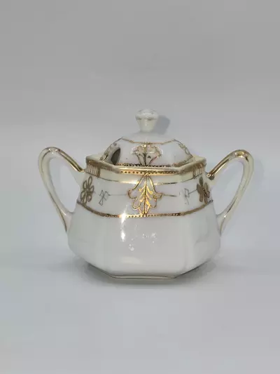 plant/Antique Nippon Porcelain Covered Salt Cellar Gold Gilt Floral 2.5”-0-thumbnail