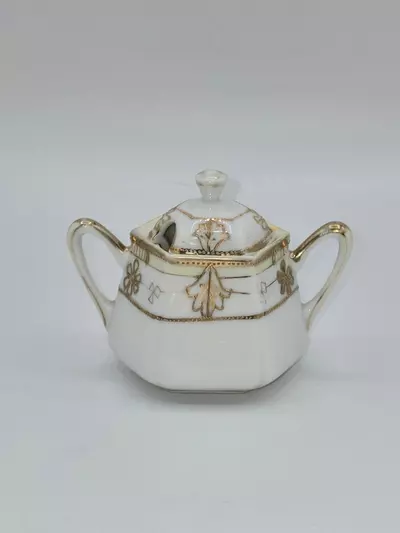 plant/Antique Nippon Porcelain Covered Salt Cellar Gold Gilt Floral 2.5”-2-thumbnail