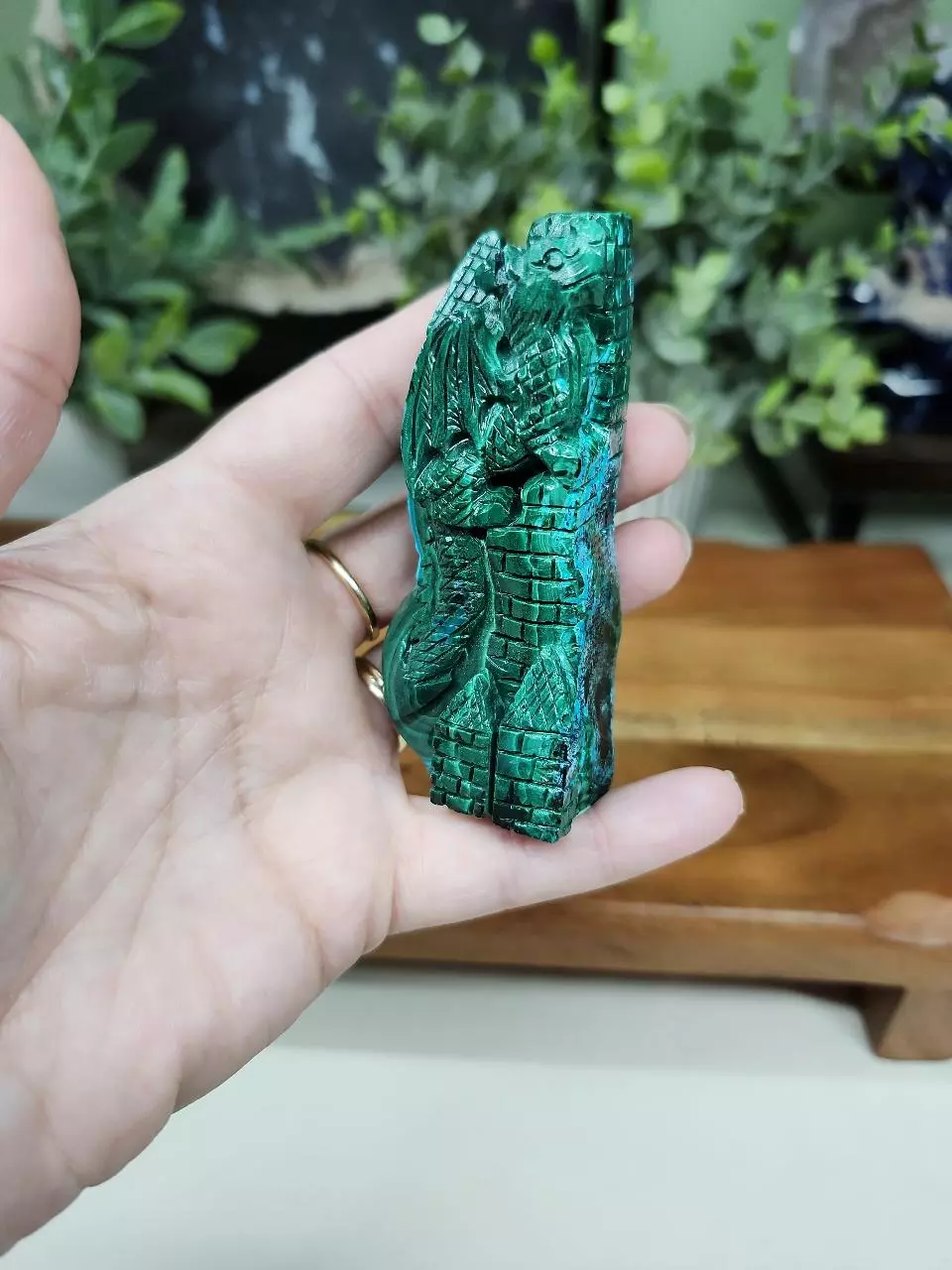 plant/Chrysocolla & Malachite dragon and castle carving-0