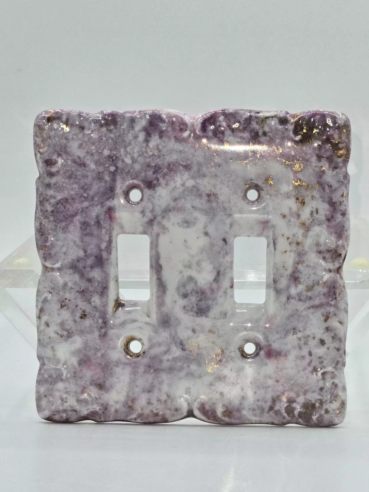 plant/Handmade Ceramic Double Light Switch Cover Purple Marbled Glaze 4 7/8 x 5”-0