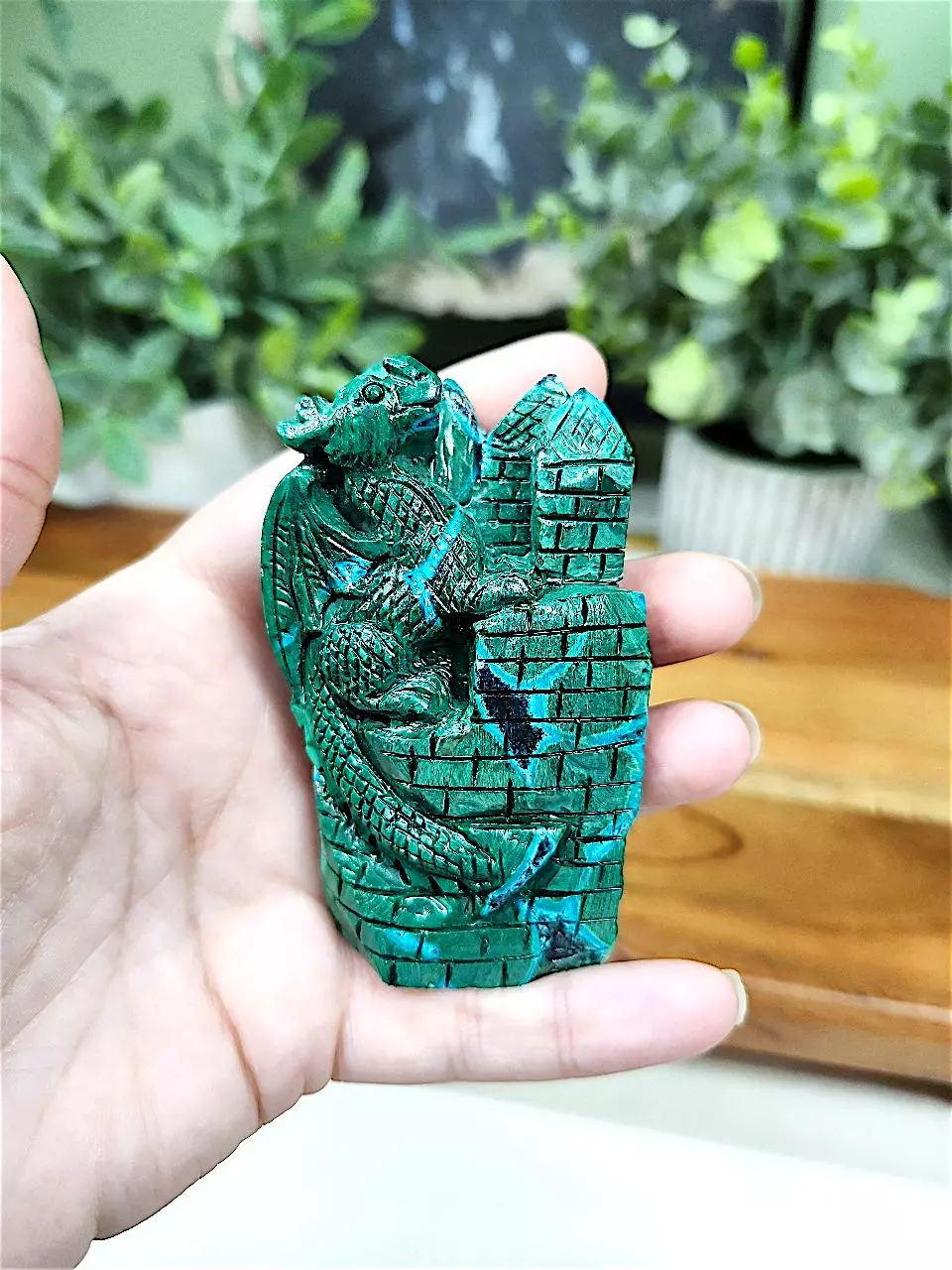 plant/Chrysocolla & Malachite dragon and castle carving-0