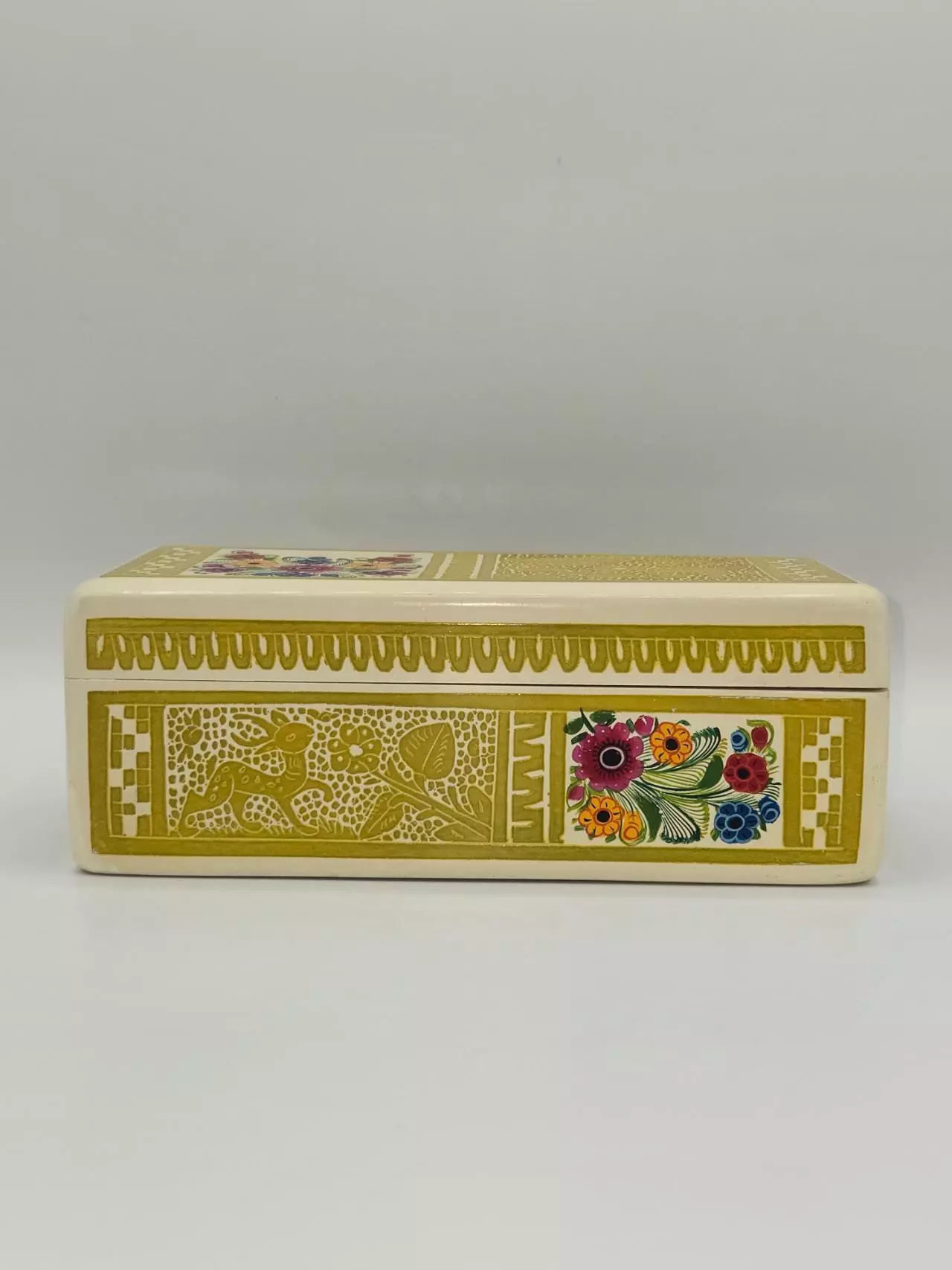 plant/Vintage Hand Painted Folk Art Wooden Trinket Box Scandinavian Style Floral Deer-0
