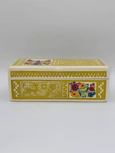 plant/Vintage Hand Painted Folk Art Wooden Trinket Box Scandinavian Style Floral Deer-1-thumbnail