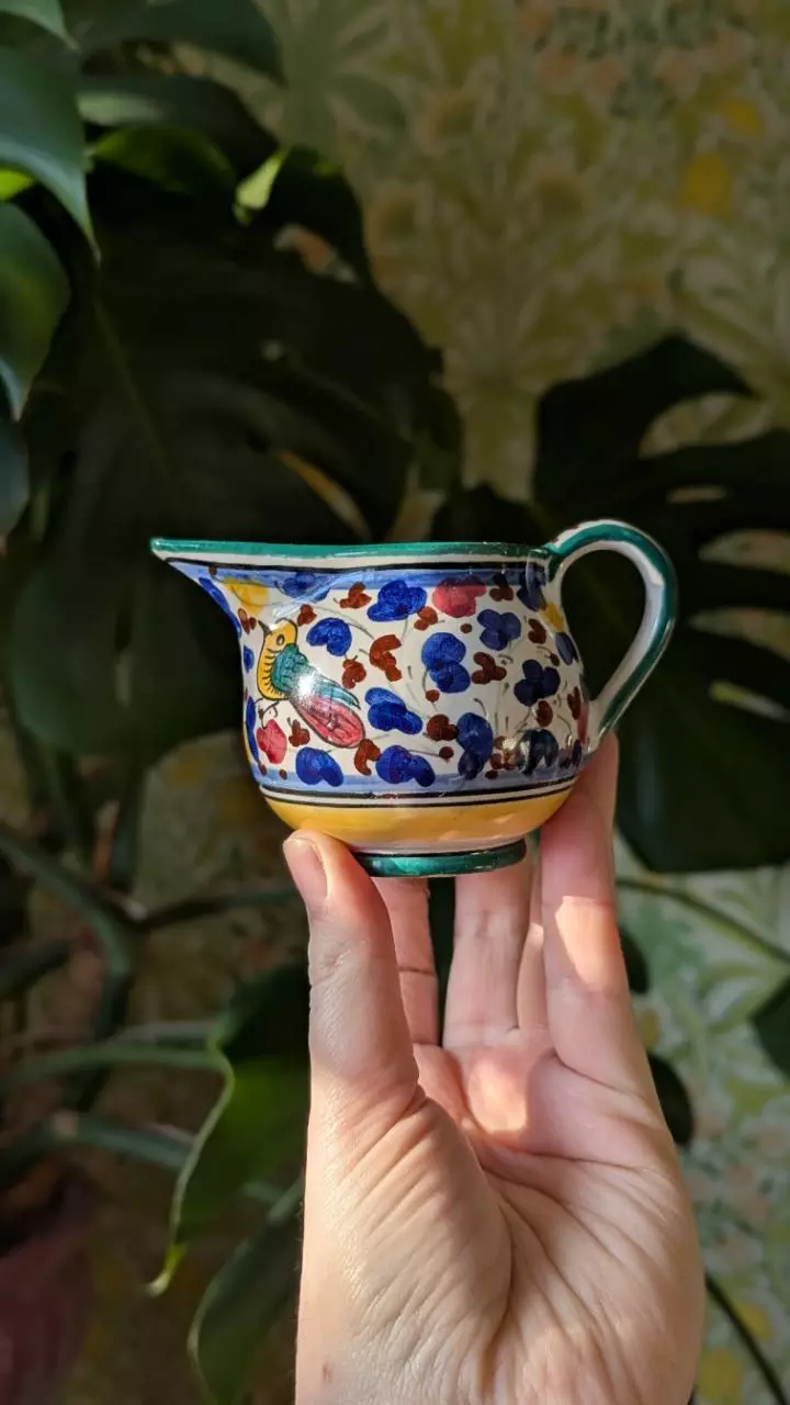 plant/colorful hand painted creamer, marked Deruta Italy-1