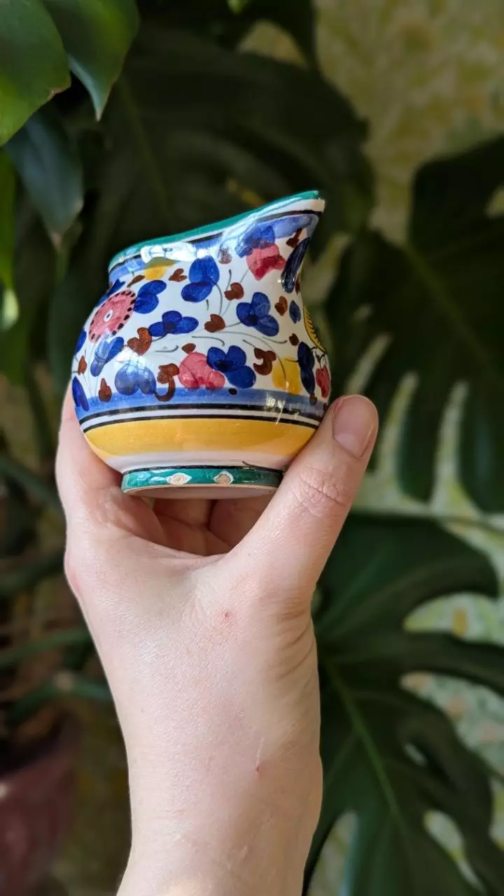 plant/colorful hand painted creamer, marked Deruta Italy-3