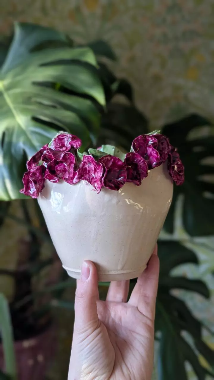 plant/studio pottery fuchsia floral planter or vase-0