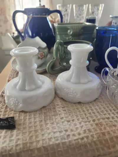 plant/Westmoreland Paneled Grape Milk Glass Candlestick Holders-0-thumbnail