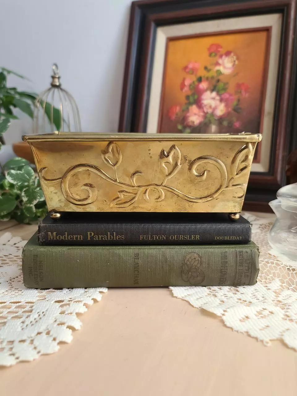 plant/Vintage Hosley Solid Brass Etched Planter-0