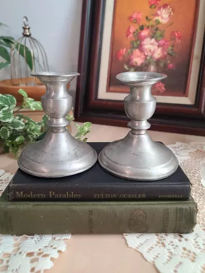 plant/Vintage Leonard Weighted Pewter Candlestick Holders- set of 2-0-thumbnail