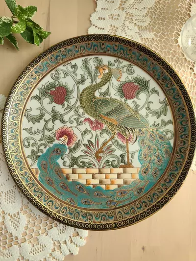 plant/Vintage Hand Painted Peacock Decorative Plate-0-thumbnail
