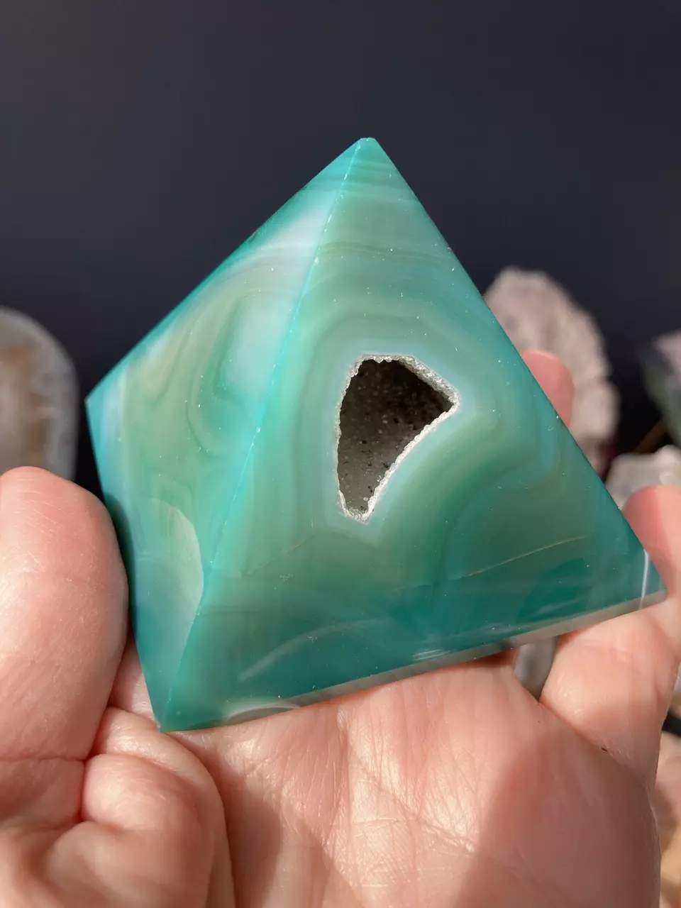 plant/Green agate pyramid with druzy pocket-0