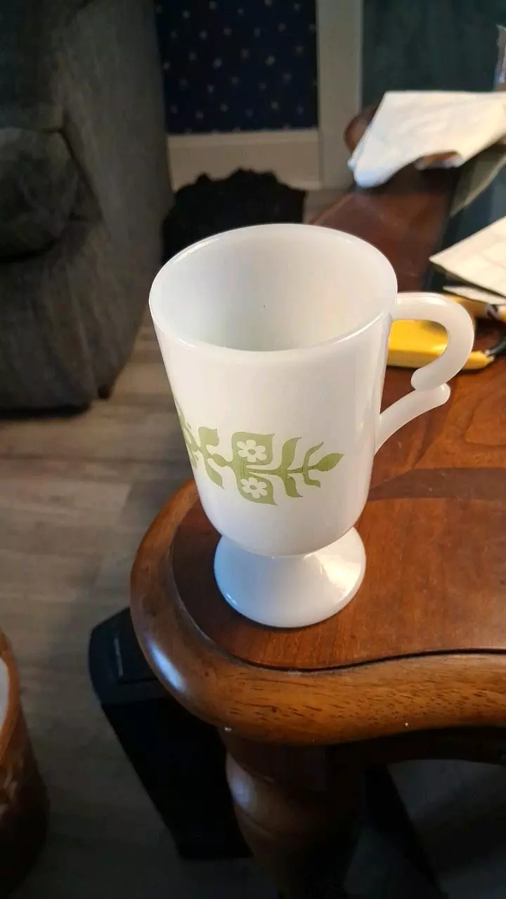 plant/50's  Pedestal Milk glass mug w/ avocado- green patterm-0