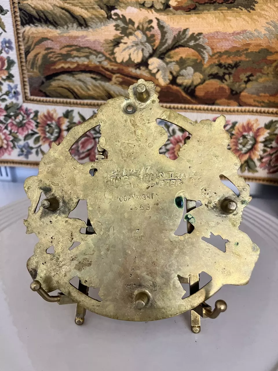 plant/Vintage Royal Coat of Arms Brass Trivet-1
