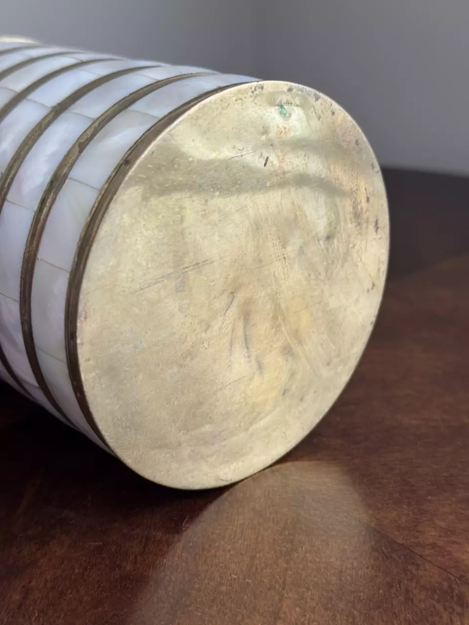 plant/Vintage brass/Mother of Pearl lidded canister-4