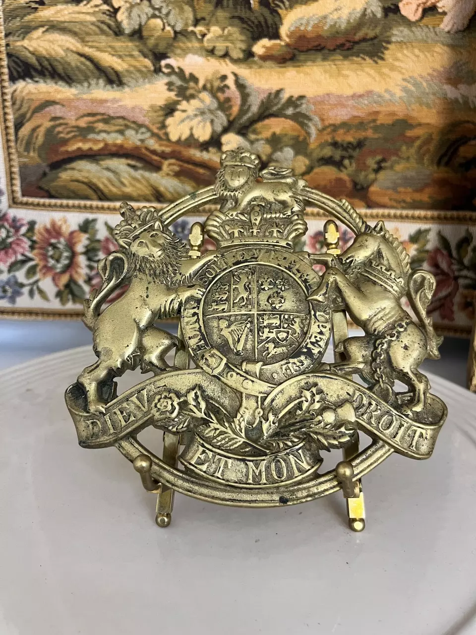 plant/Vintage Royal Coat of Arms Brass Trivet-0