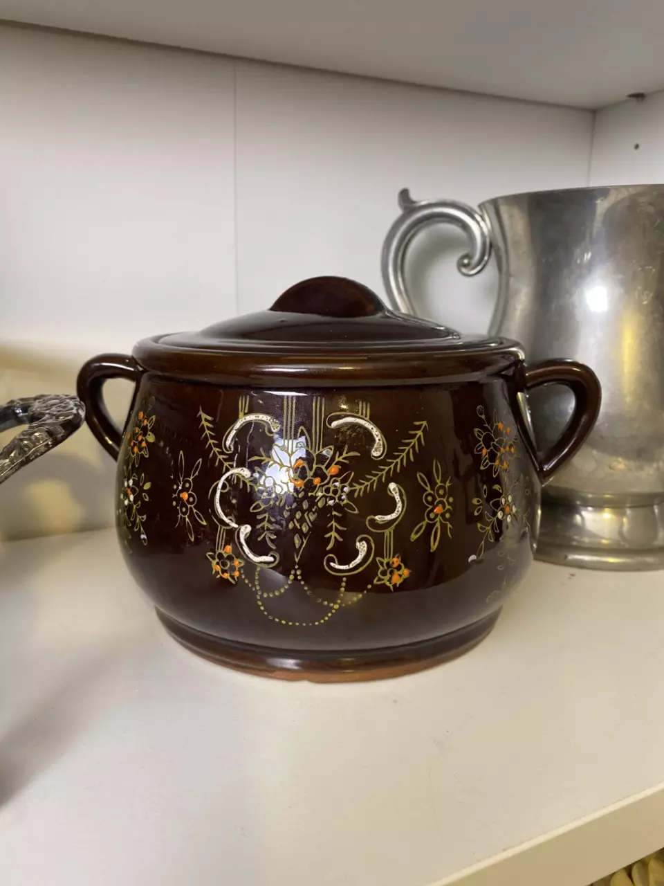 plant/red ware bean pot with floral detail-0