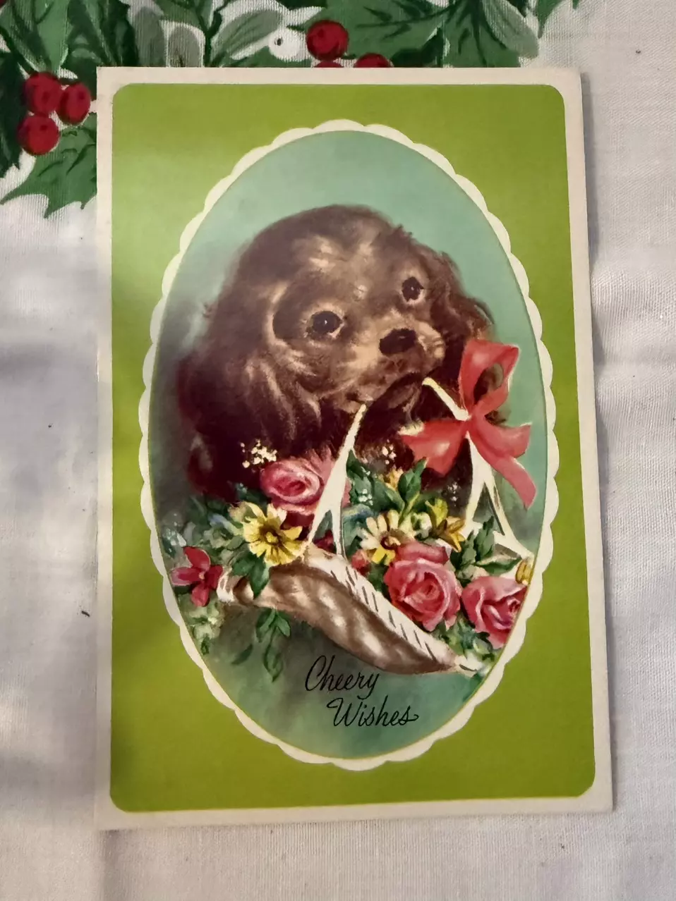 plant/Vtg Christmas Card Cheery Wishes Puppy-0