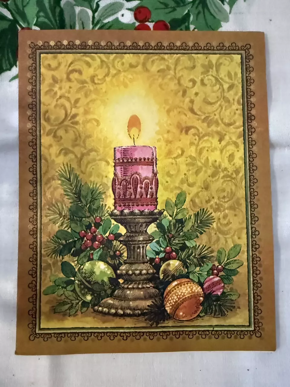 plant/Vtg Christmas Card Pink Candle-0
