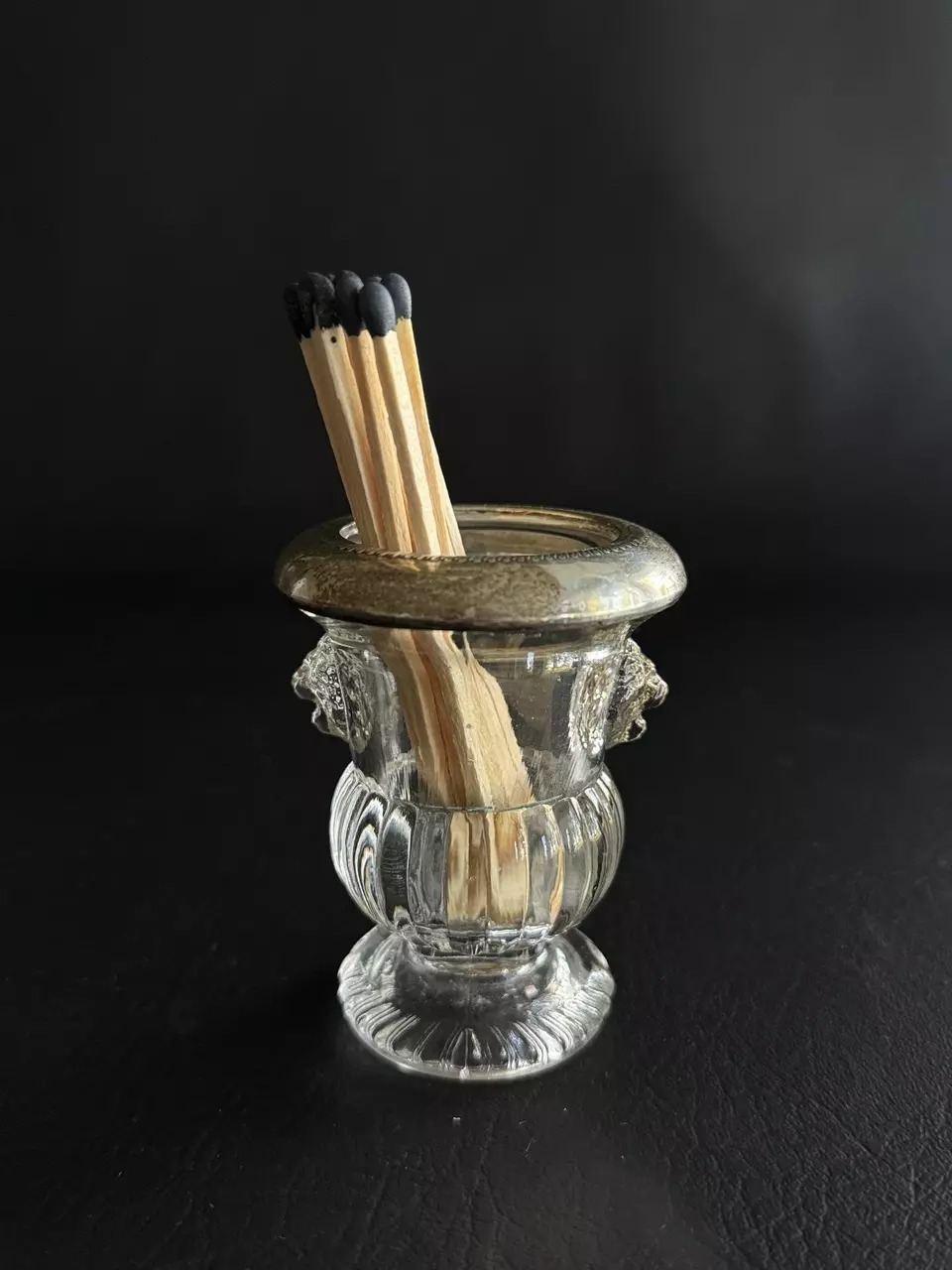 plant/Glass Matchstick/Toothpick Holder with Silverplate Rim & Lion Detail-0