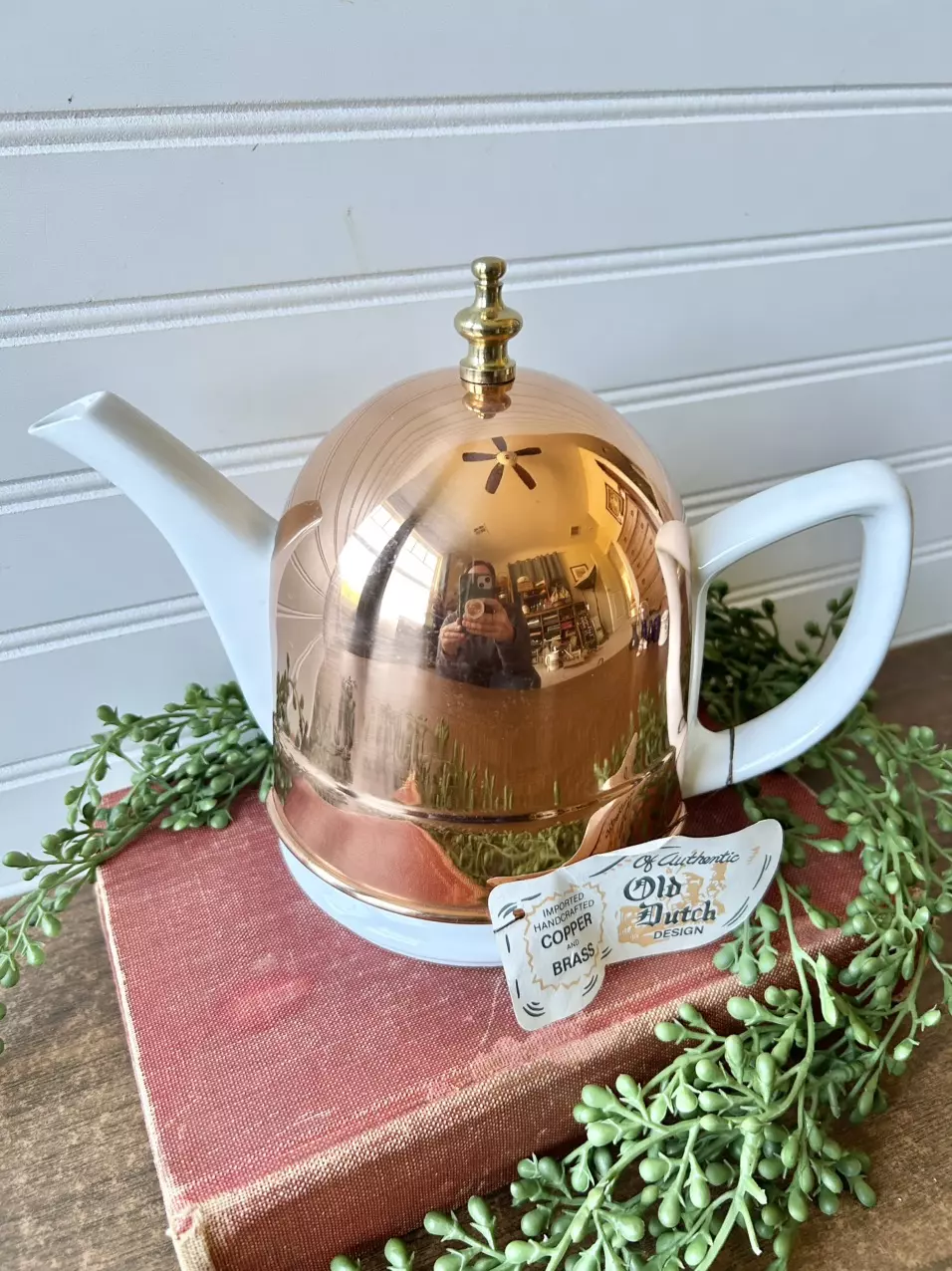 plant/Vintage Ceramic Teapot with Copper and Brass Insulator-0